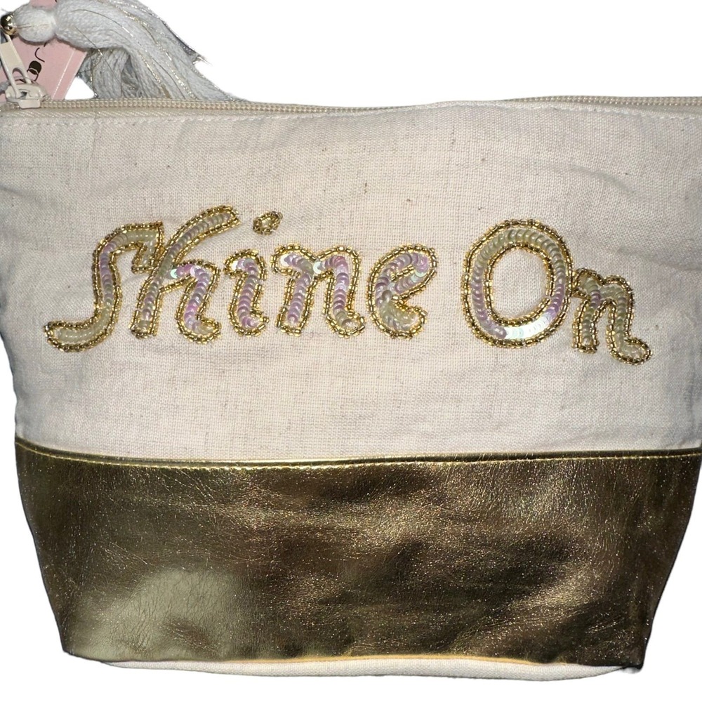 Noir-e-Noire Makeup Bag OS Cream Gold Shine On Sequin Tassel Pouch NEW